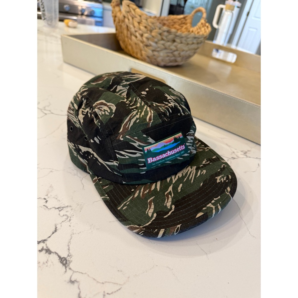 Bassachusetts Camo 5 Panel Camp Hat Tiger Stripe Fishing Outdoor Strapback